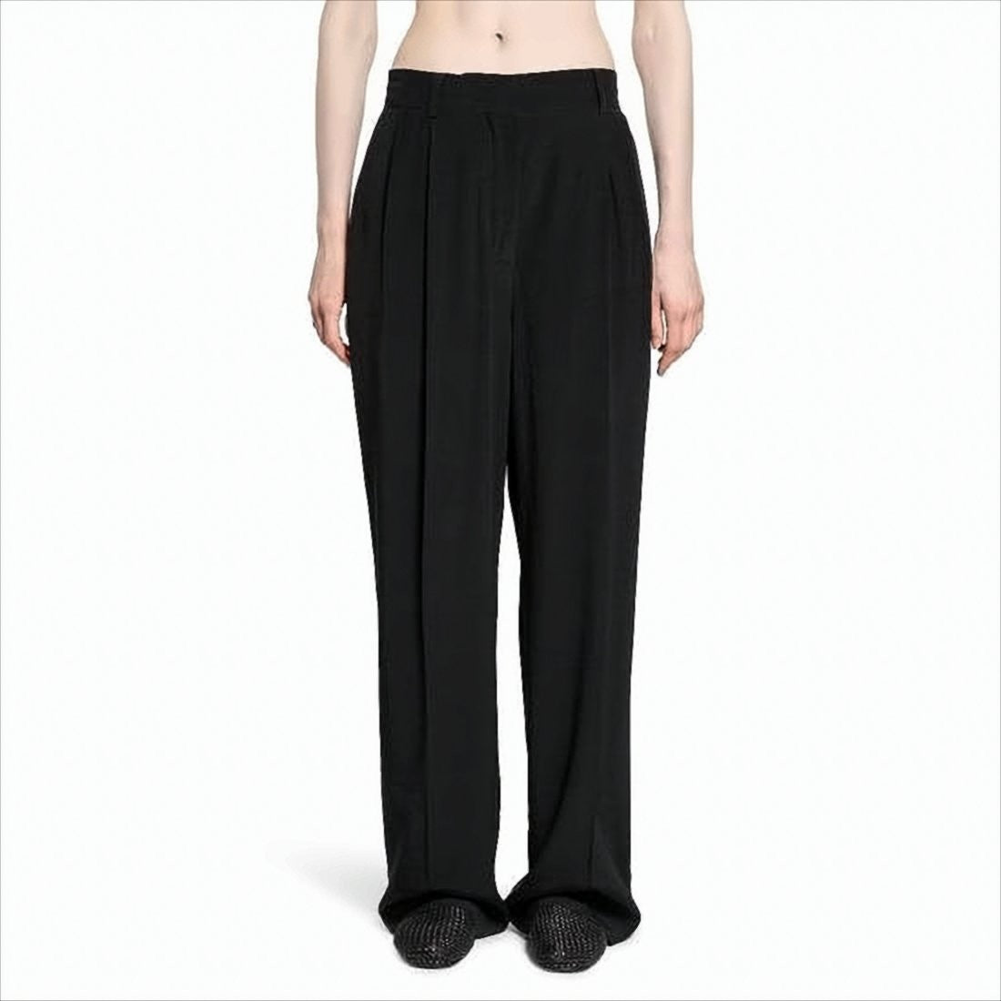 Straight-Fit Black Pants with Pleated Front