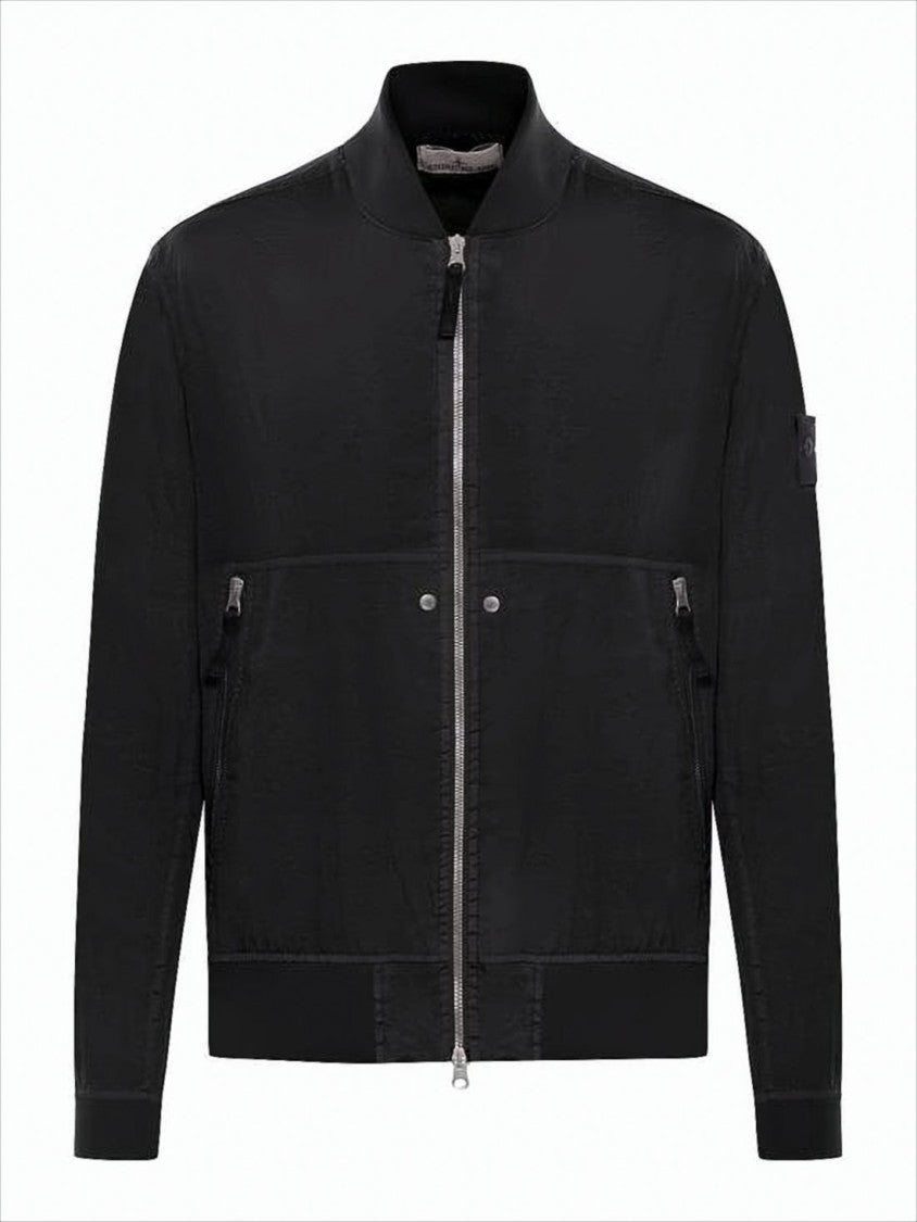 Minimalistic Black Bomber Jacket with Silver Zipper and Ribbed Details