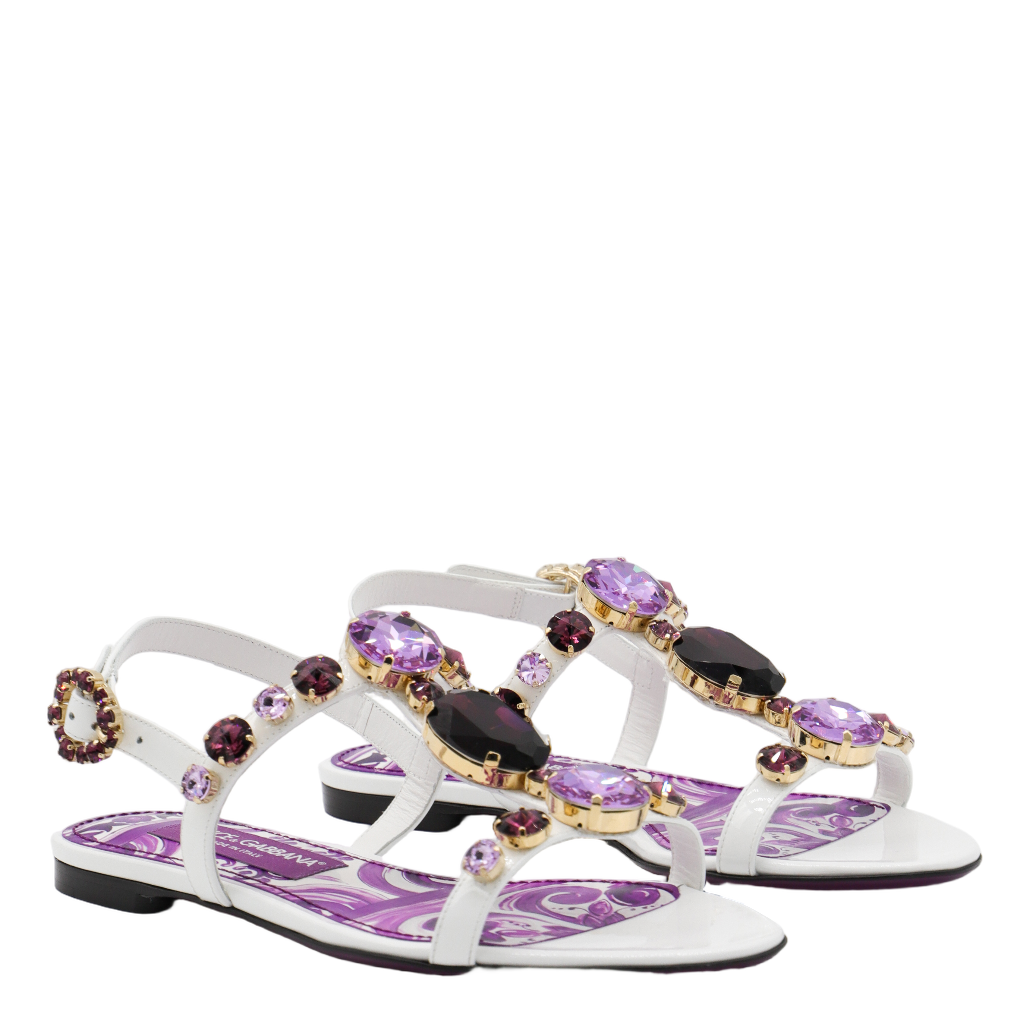 Gemstone-Embellished White Sandals with Footbed