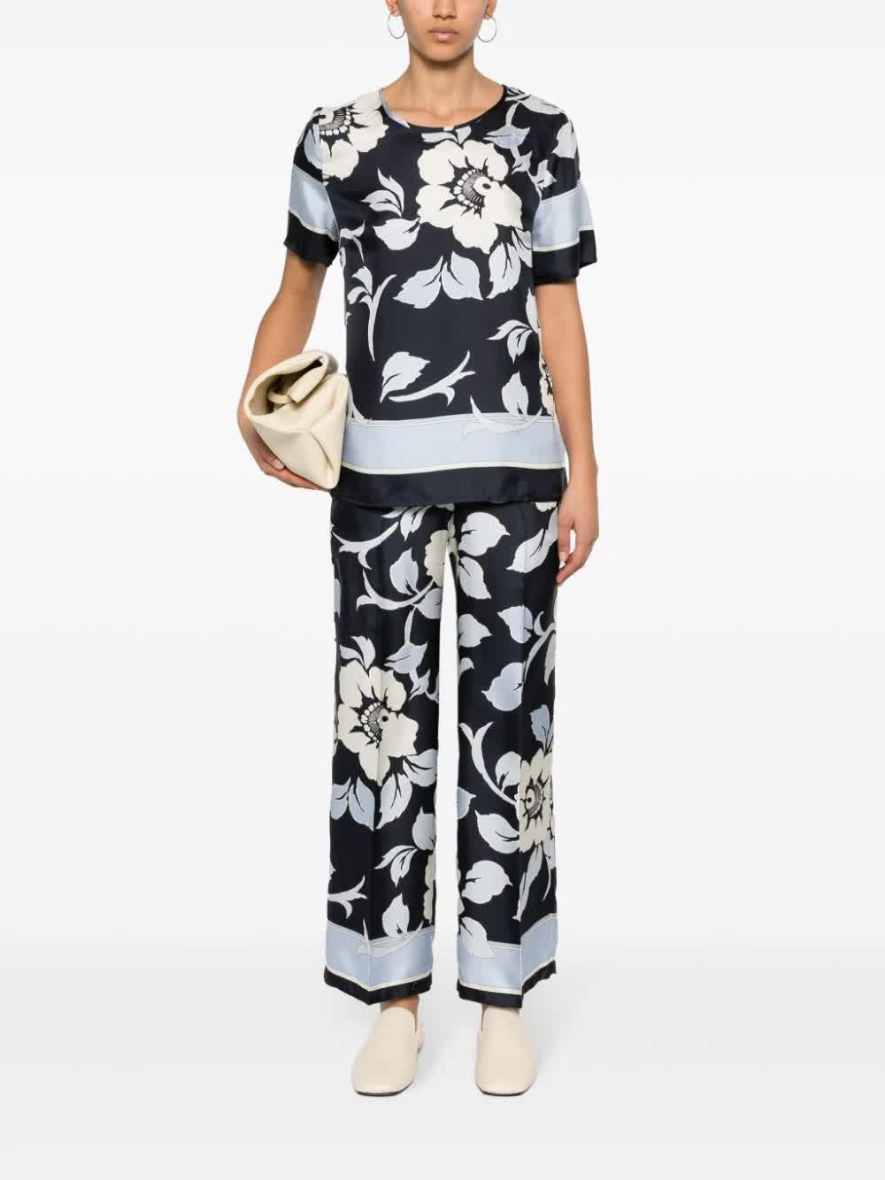 Floral Print Silk Short Sleeve Blouse