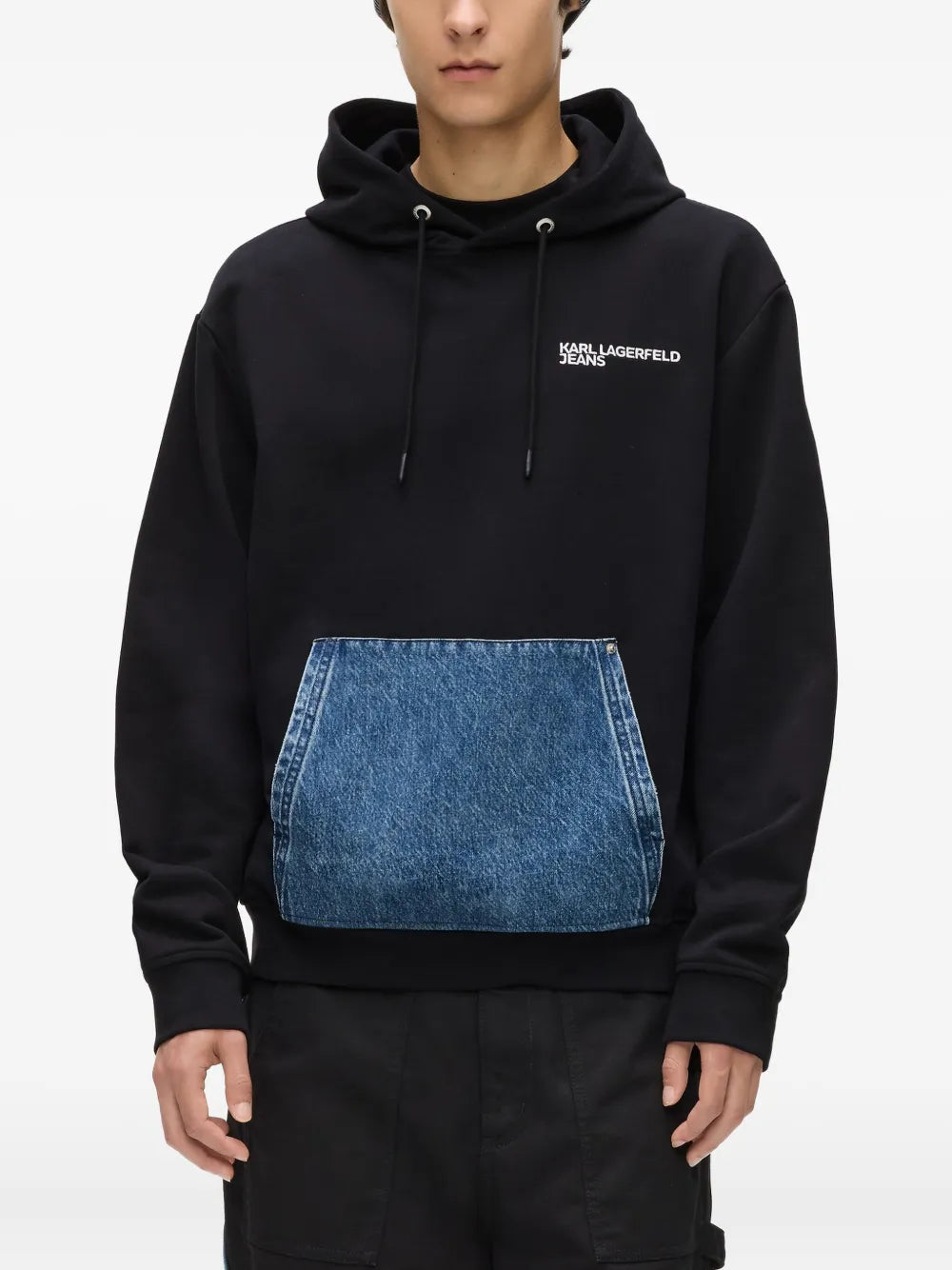 Hooded Sweatshirt with Denim Patch Pocket