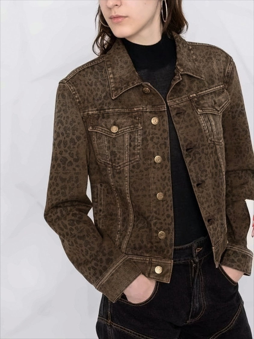 Cropped Denim Jacket with Subtle Leopard Print and Metallic Accents