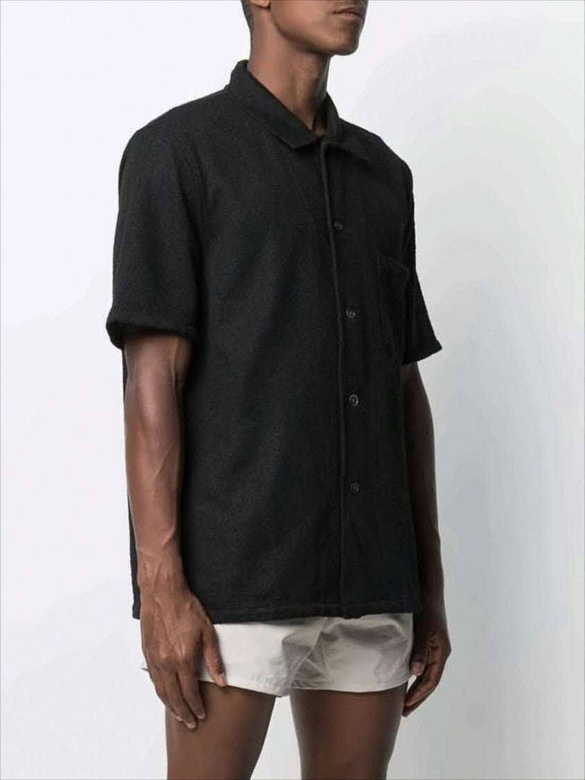 Textured Black Short-Sleeved Shirt with Classic Collar