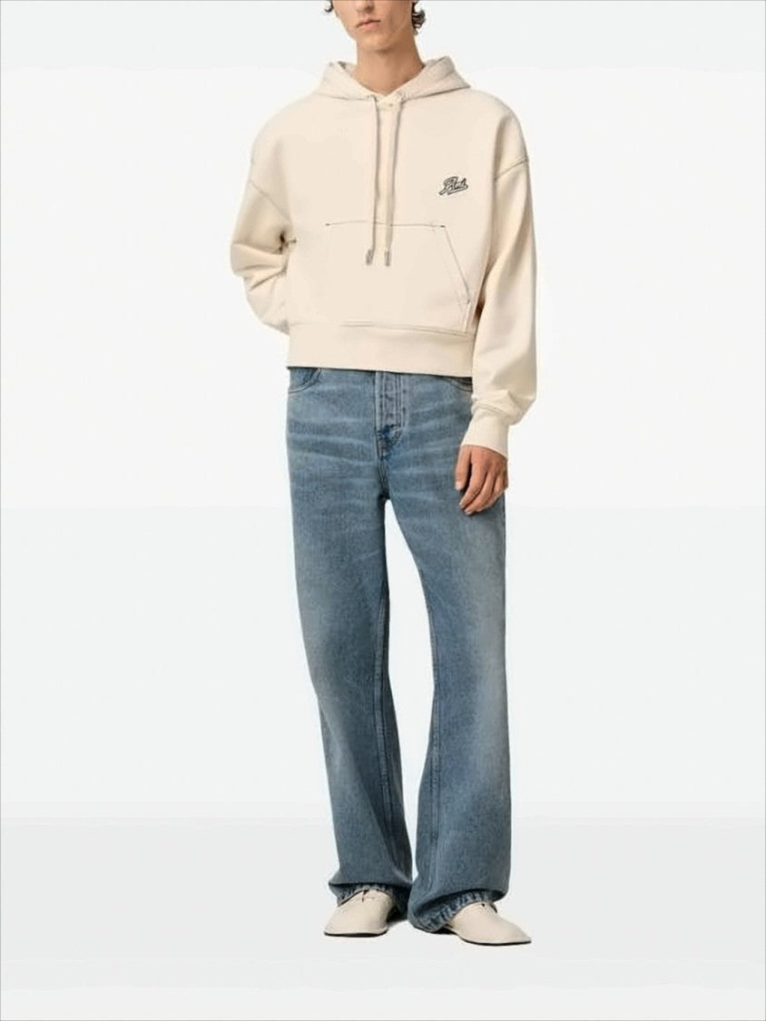 Cropped Hoodie with Drawstring and Embroidered Logo Detail