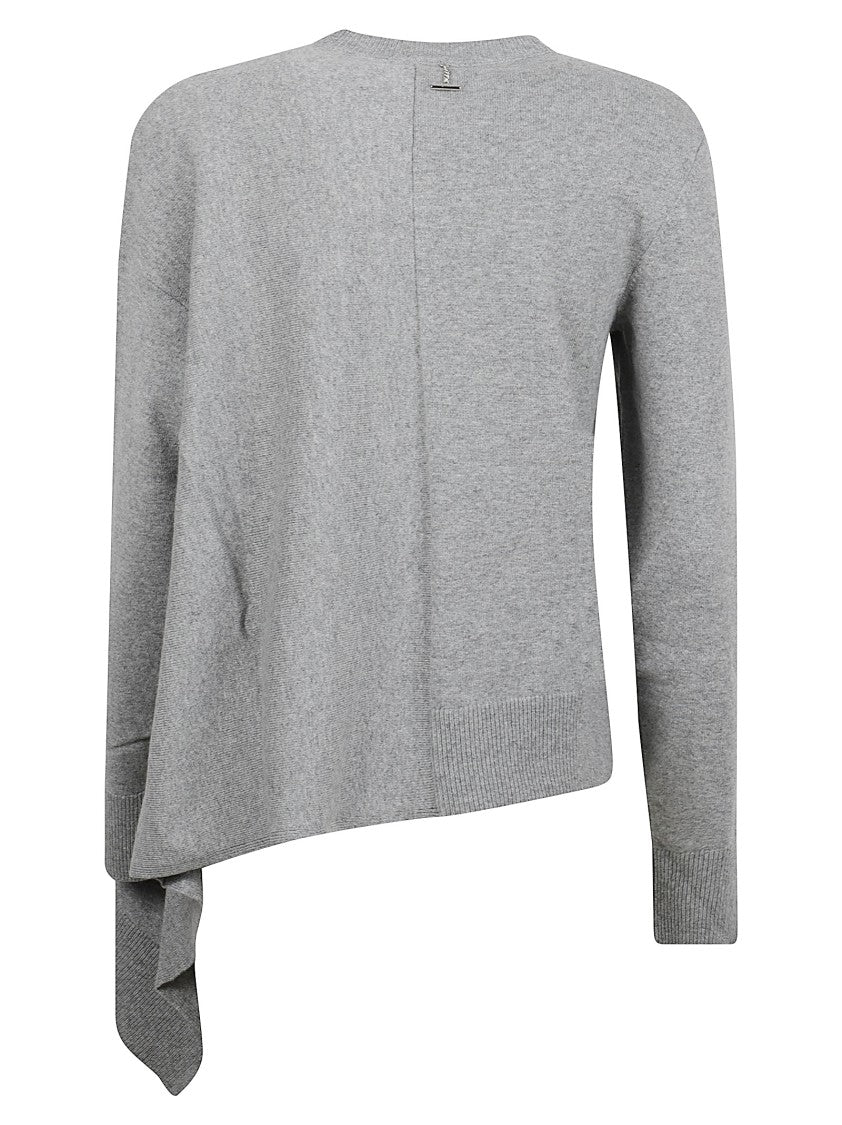 Asymmetric Hem Grey Cashmere Sweater With Ribbed Cuffs