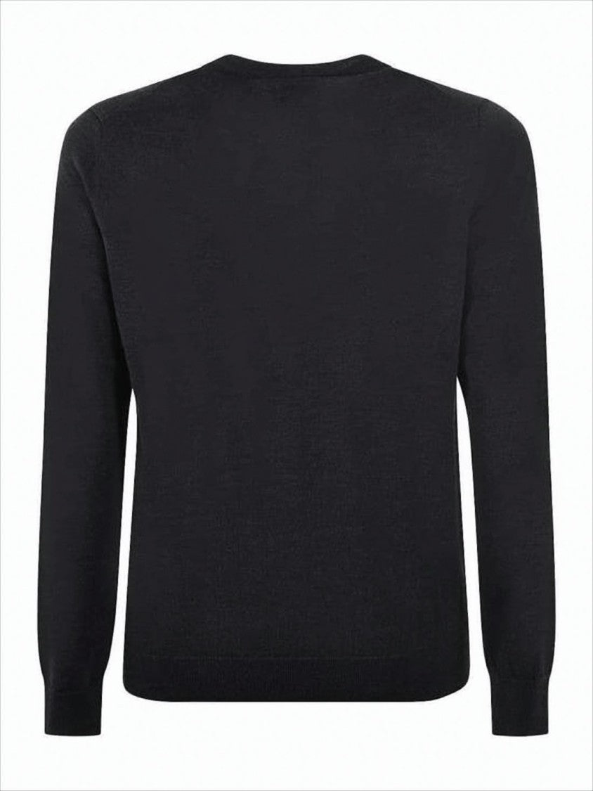 Crew Neck Black Wool Sweater with Ribbed Details