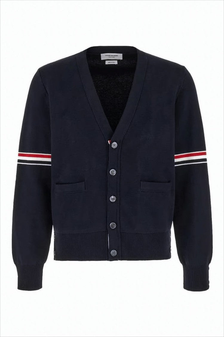 Cropped Blue Cardigan with Deep V-Neck and Tricolor Accent