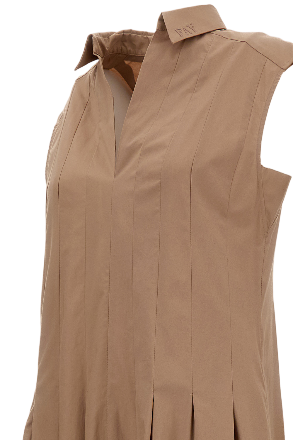 Pleated Sleeveless Dress with Pointed Collar and Embroidered Logo