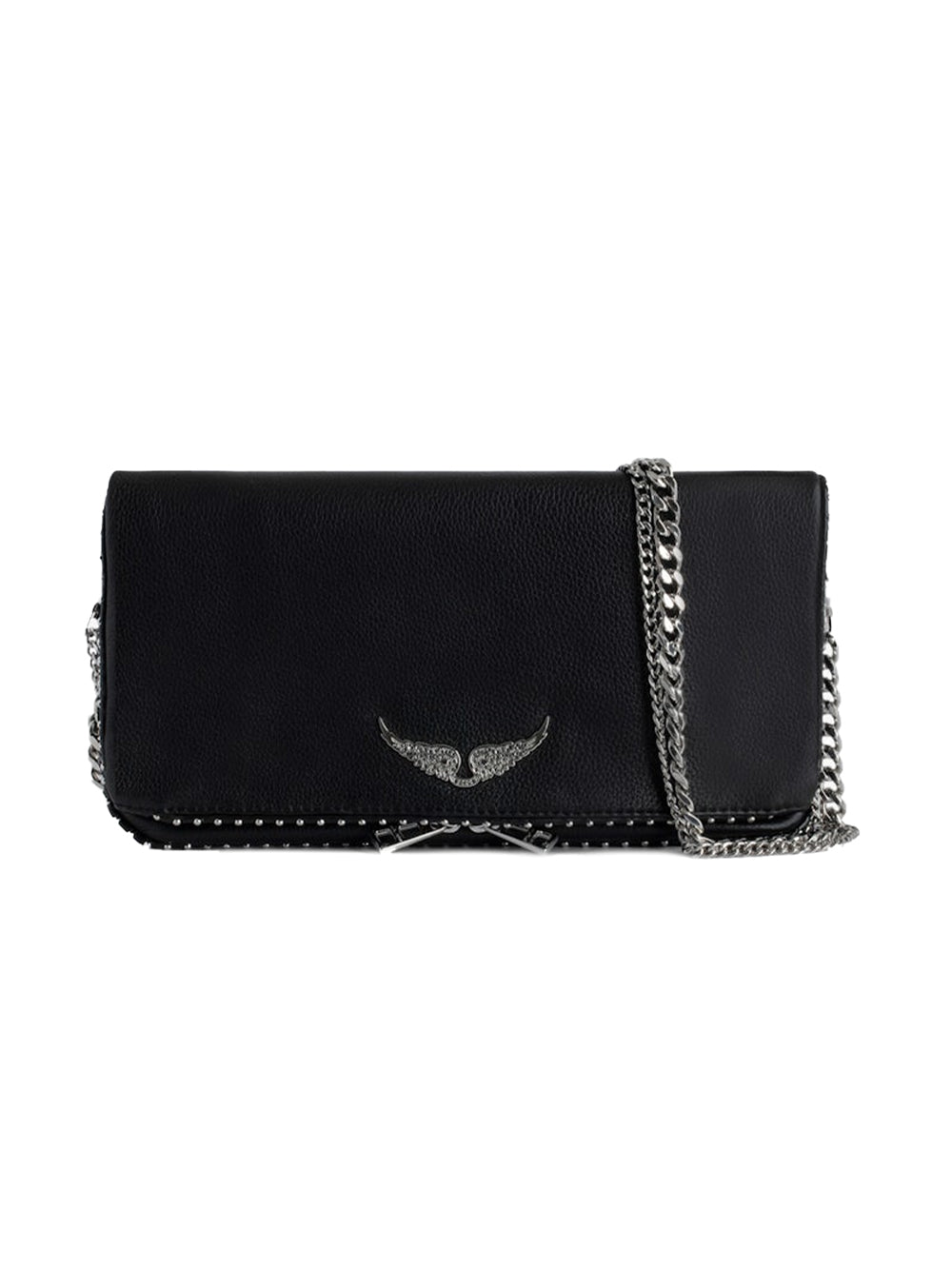 Textured Black Clutch Bag with Silver Wing Emblem