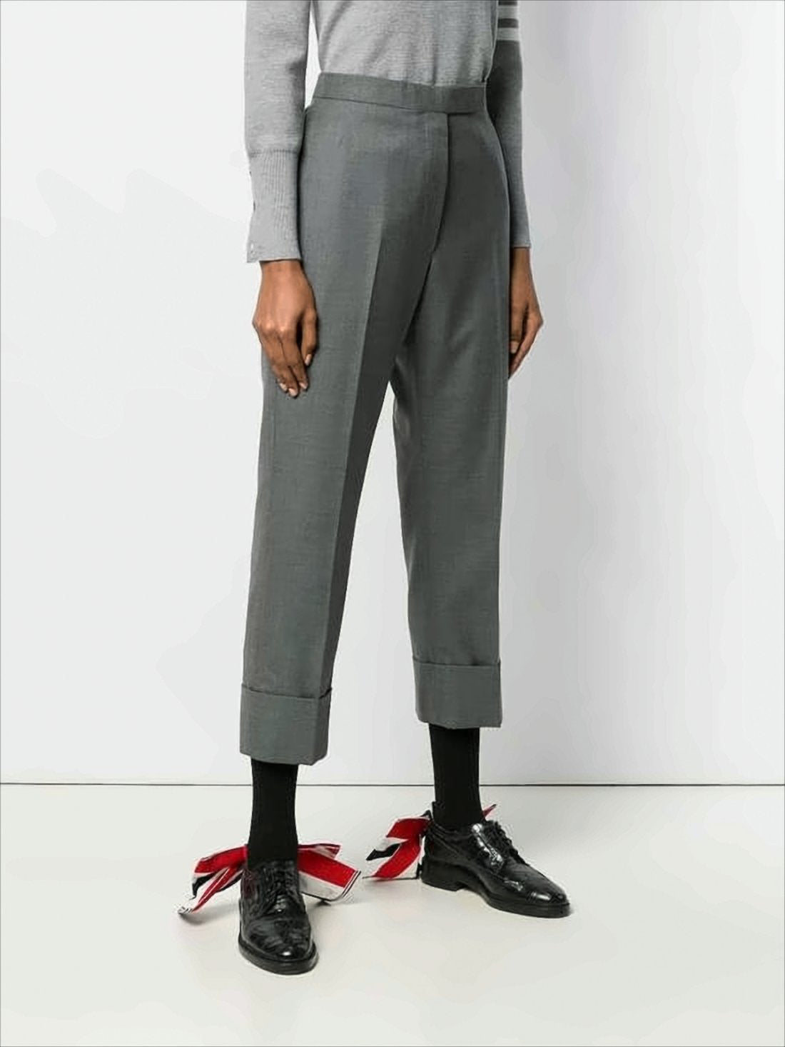 Cropped Tailored Grey Wool Pants with Wide Cuffs
