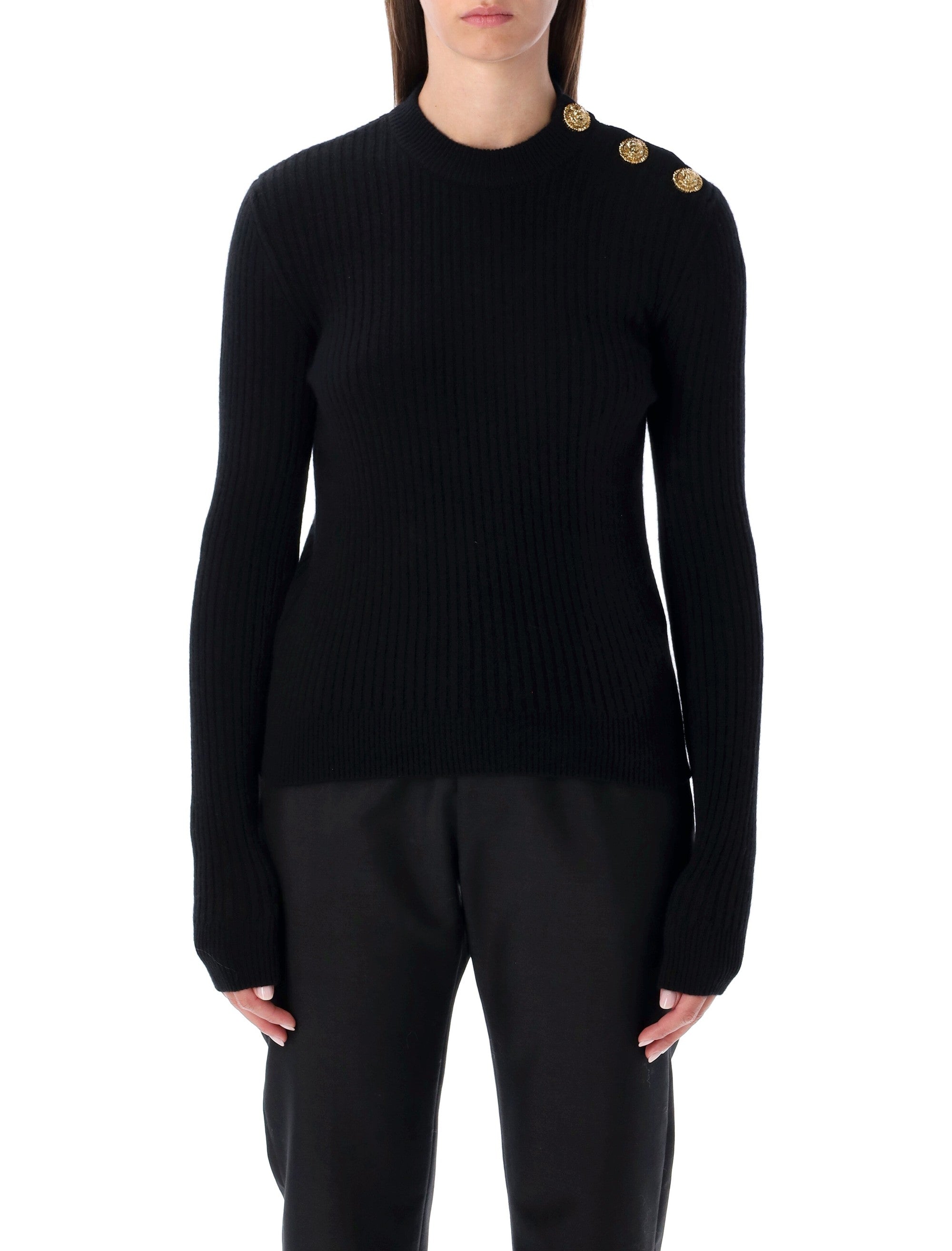 Black Ribbed Wool Sweater With Gold Buttons