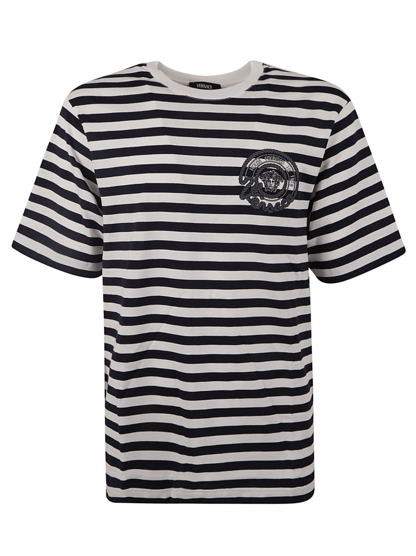Classic Striped White T-Shirt With Embroidered Emblem