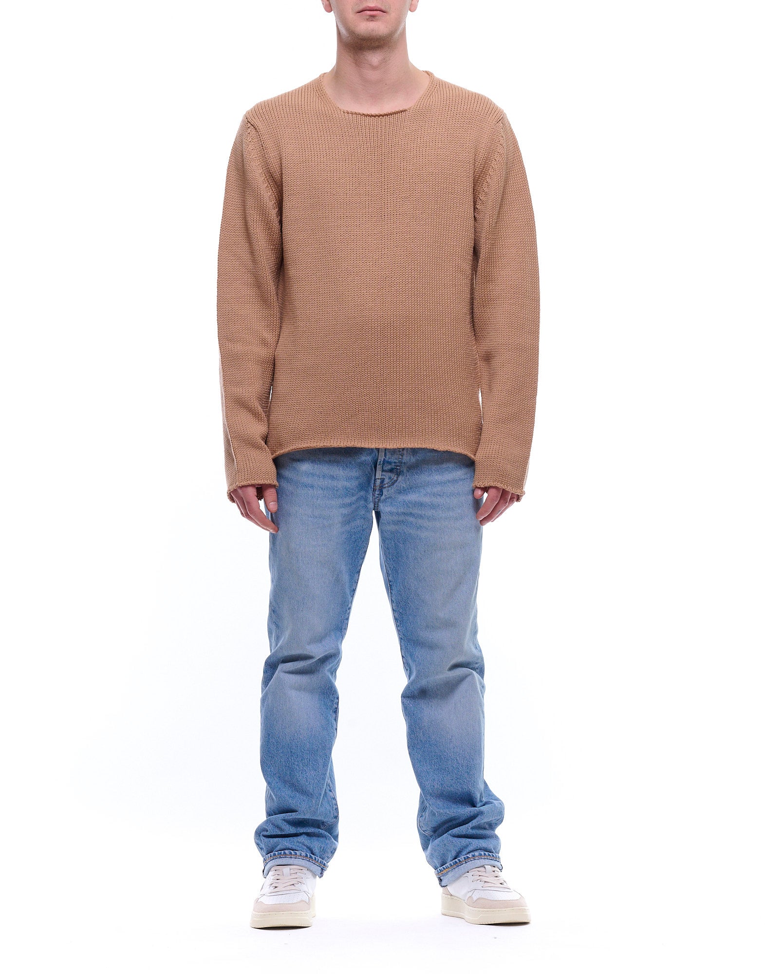 Textured Knit Beige Round Neck Sweater