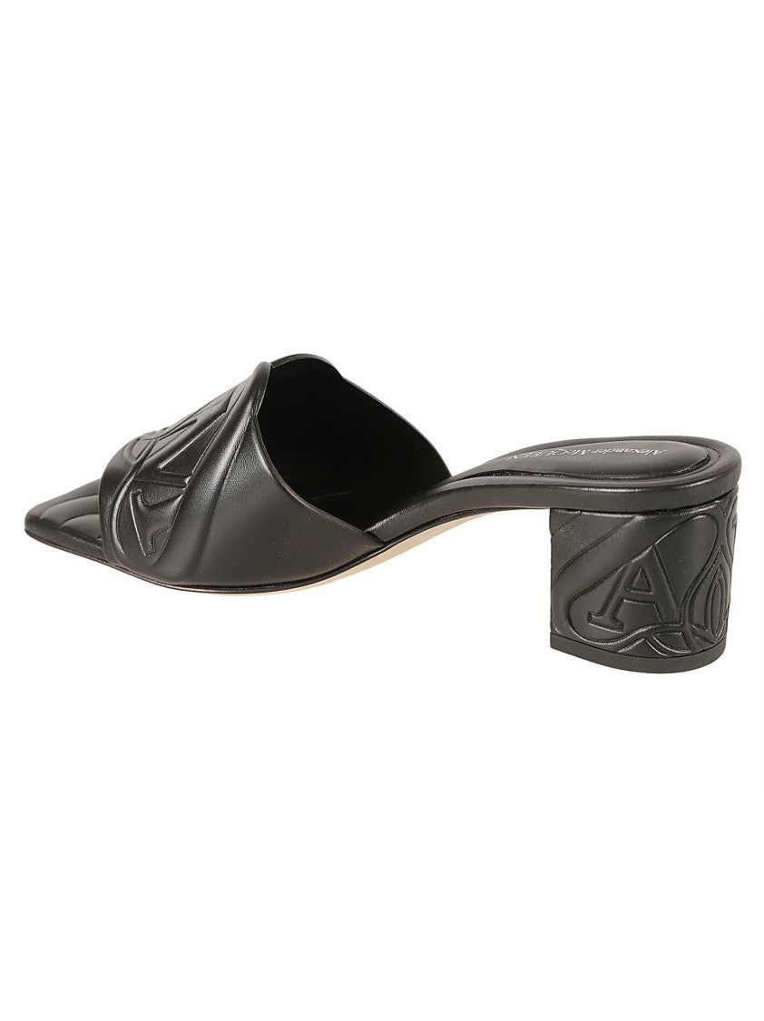 Black Heeled Mules With Embossed Detailing