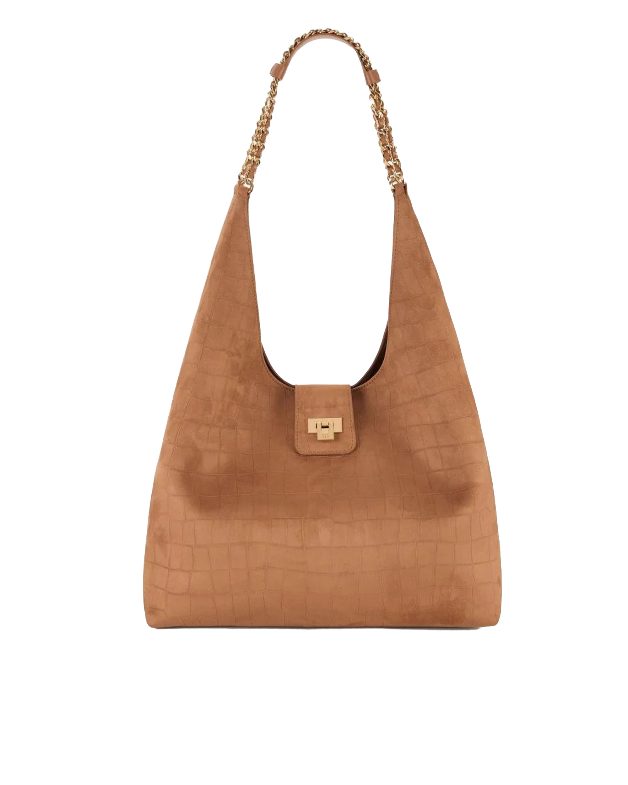 Brown Suede Hobo Bag With Crocodile Embossing And Chain Detail