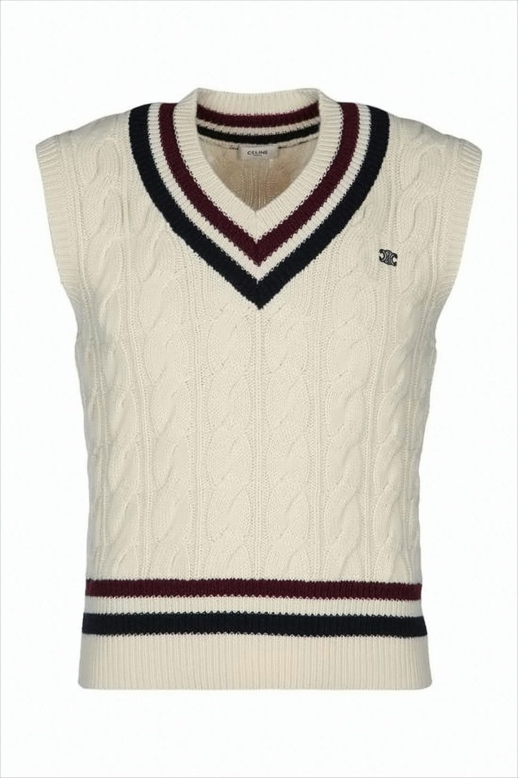 Cashmere Knit Vest With Cable Pattern And Contrasting Stripes