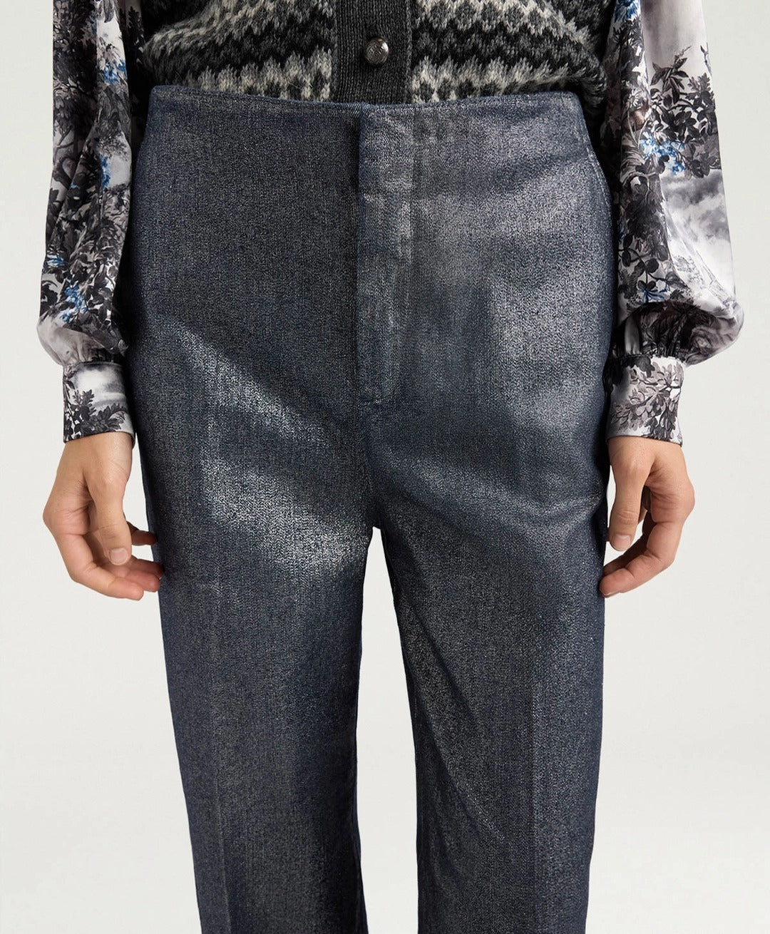 High-Waisted Flared Pants with Textured Finish