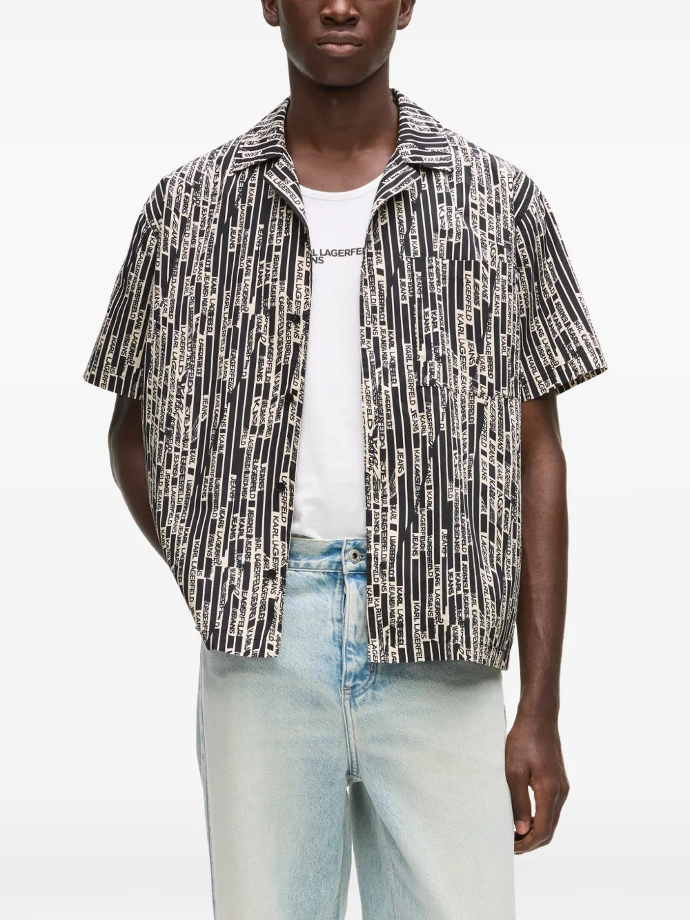 Boxy Fit Short-Sleeve Shirt with Vertical Text Pattern