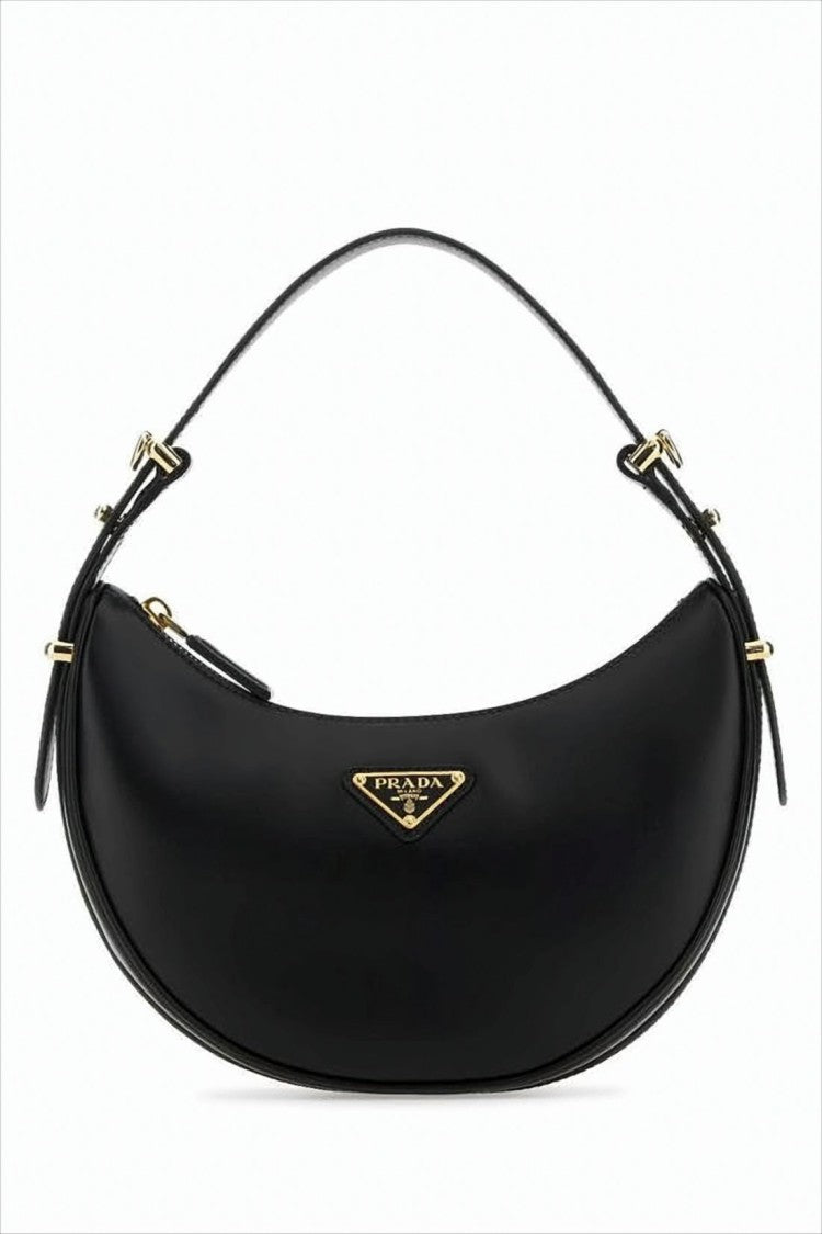 Crescent-Shaped Leather Shoulder Bag With Gold-Tone Accents
