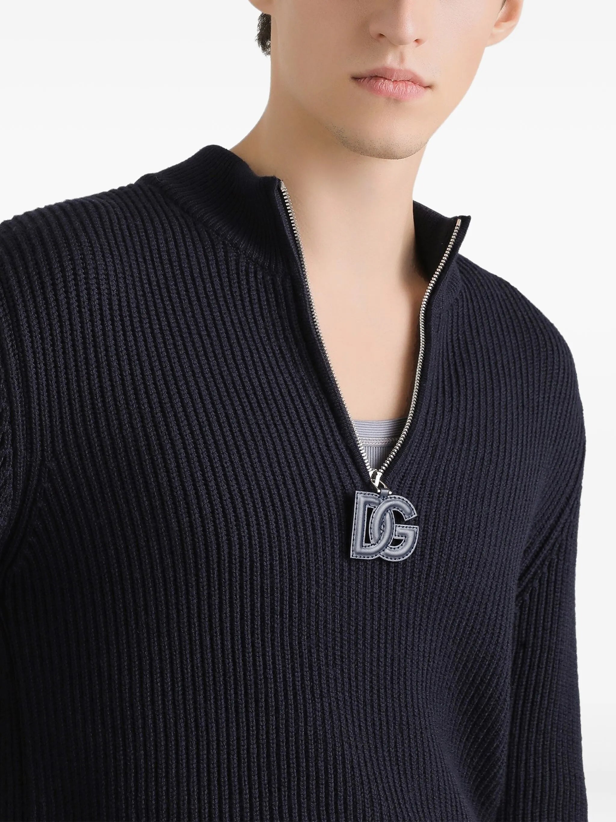 Black Ribbed Knit Half-Zip Wool Pullover
