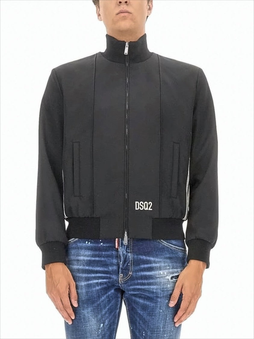 Black Jacket with High Collar and Subtle Stripe Detail
