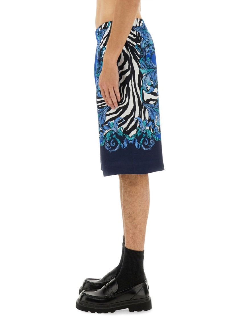 Blue Viscose Shorts With Intricate Patterns