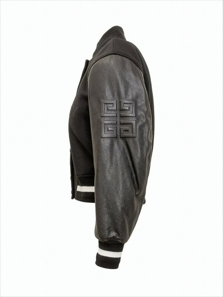 Cropped Wool-Blend Jacket with Leather Sleeves
