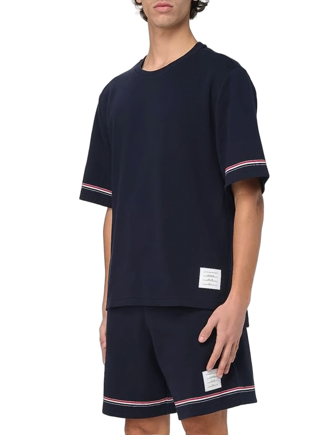 Navy Blue Cotton T-Shirt with Striped Trim