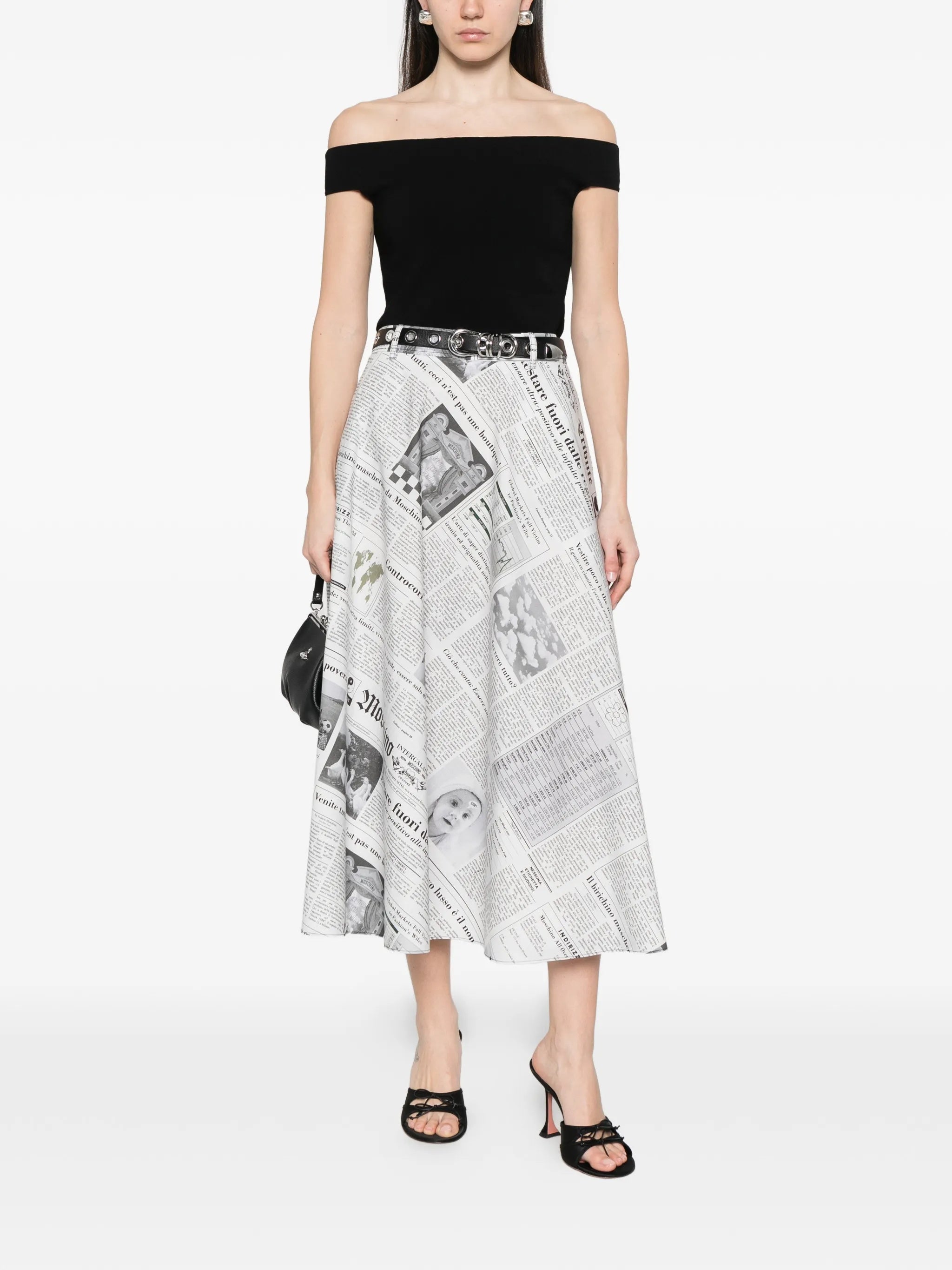 Midi Skirt with High Waist and Newspaper Print