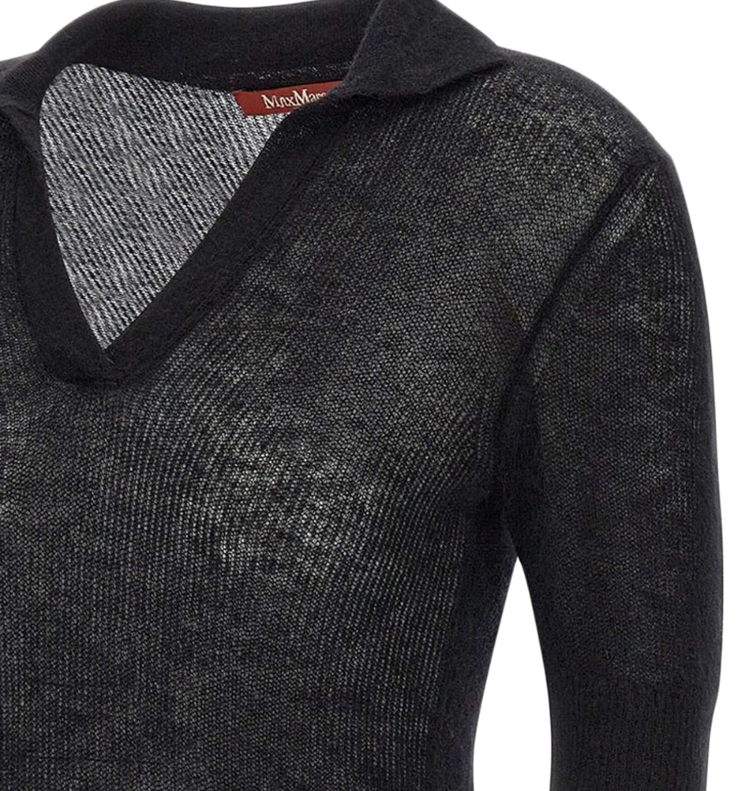 Semi-Sheer Knit Sweater with Deep V-Neckline