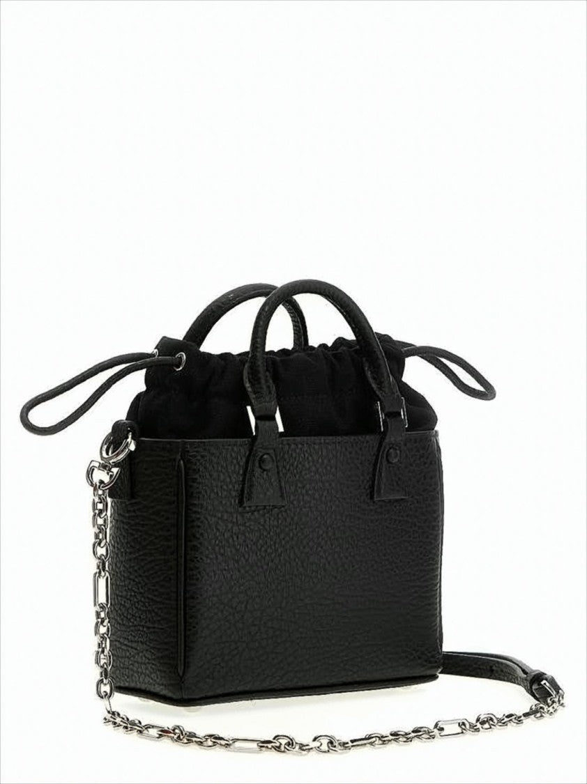Textured Calf Leather Tote Bag With Drawstring Closure And Chain Strap