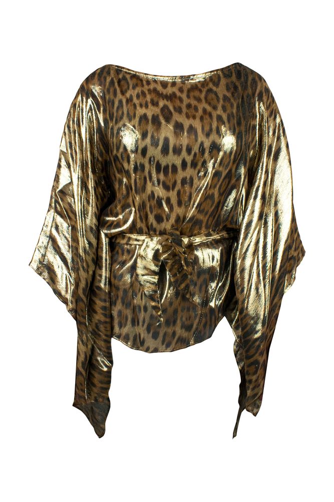Gold Silk Kaftan With Leopard Print
