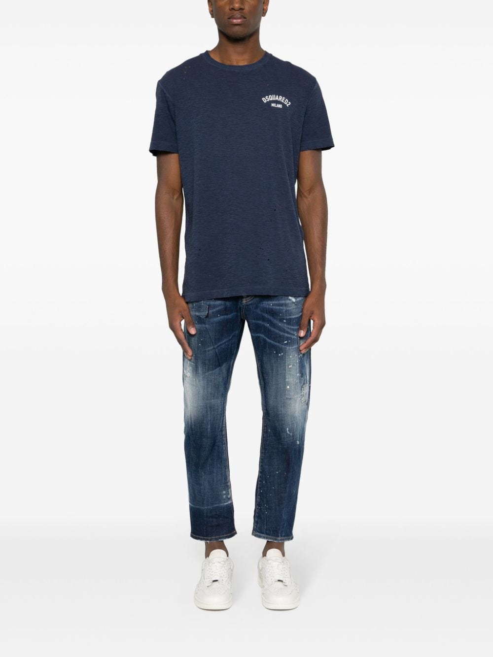 Navy Blue Distressed Cotton Blend T-Shirt