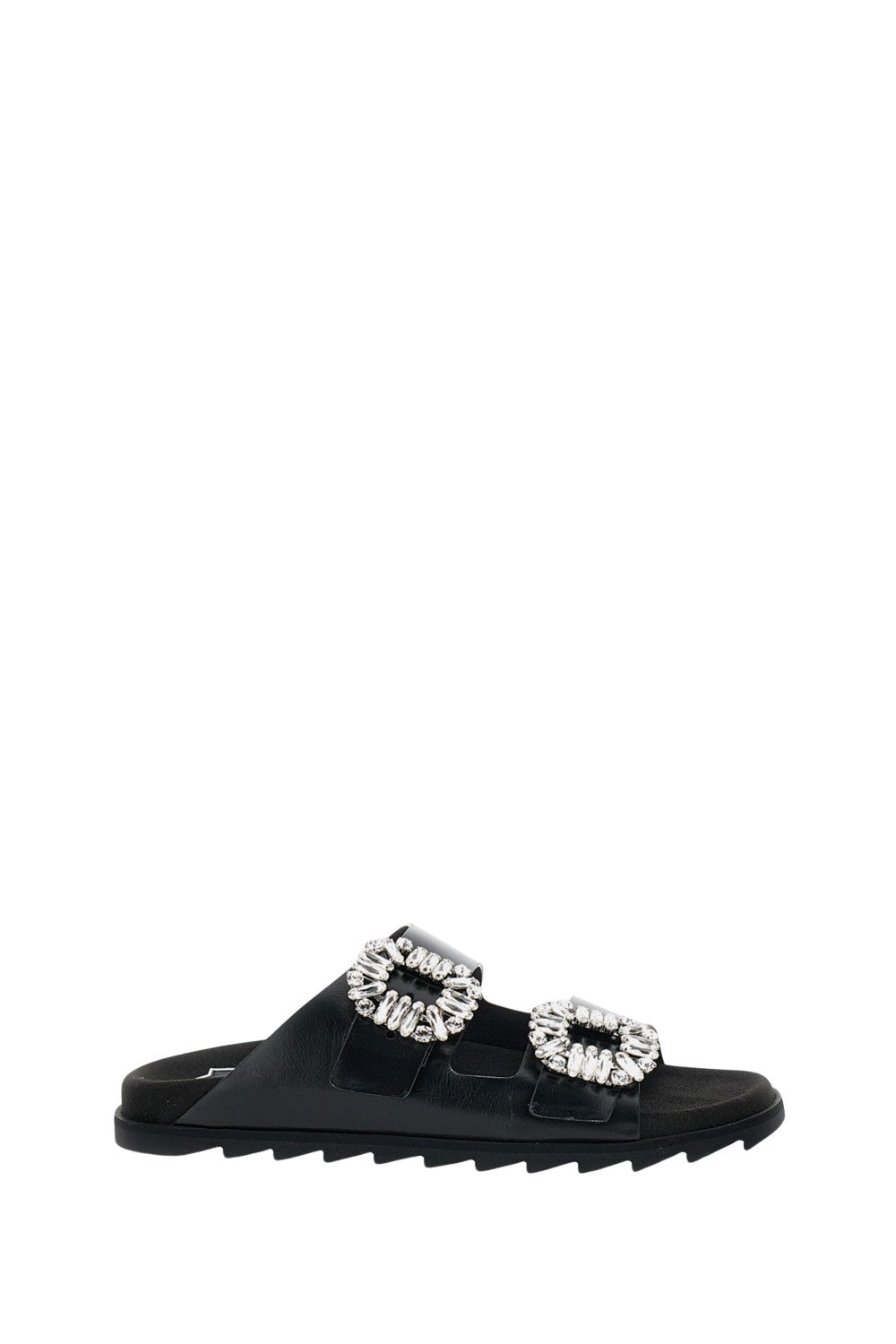 Flat Black Sandals With Crystal Embellishments