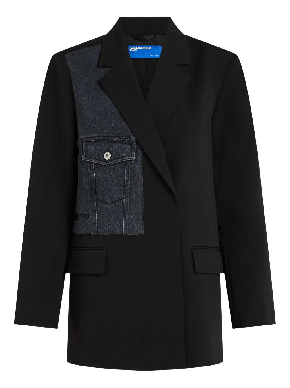 Tailored Black Blazer with Contrasting Denim Patch Detail