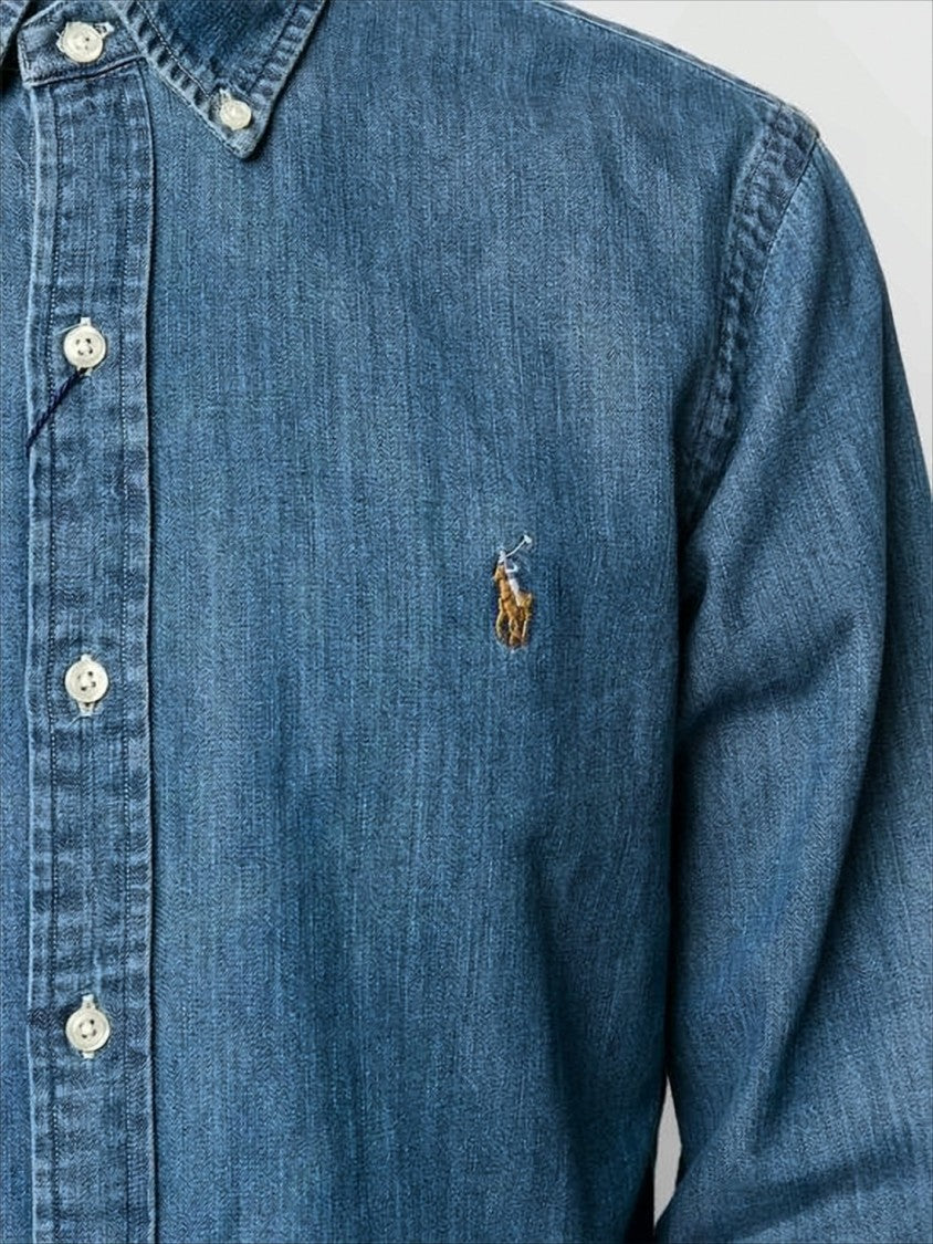 Denim Shirt with Button-Down Collar and Embroidered Logo