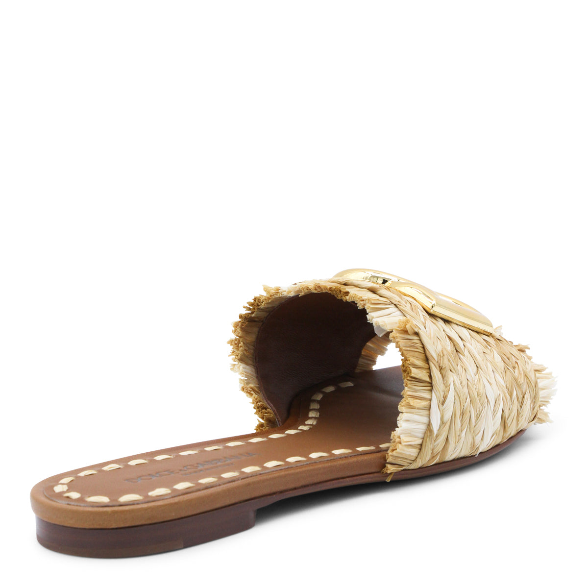 Beige Leather Open-Toe Raffia Flats