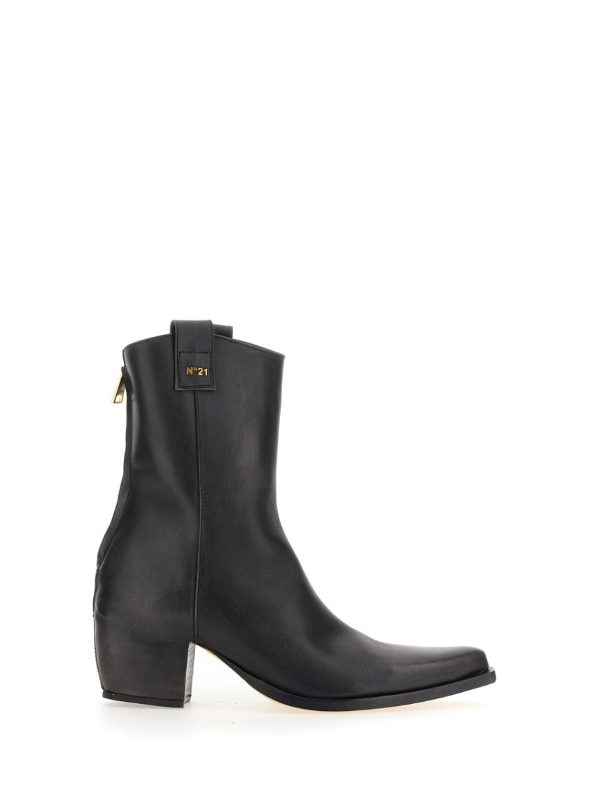 Pointed Toe Leather Boots With Block Heel