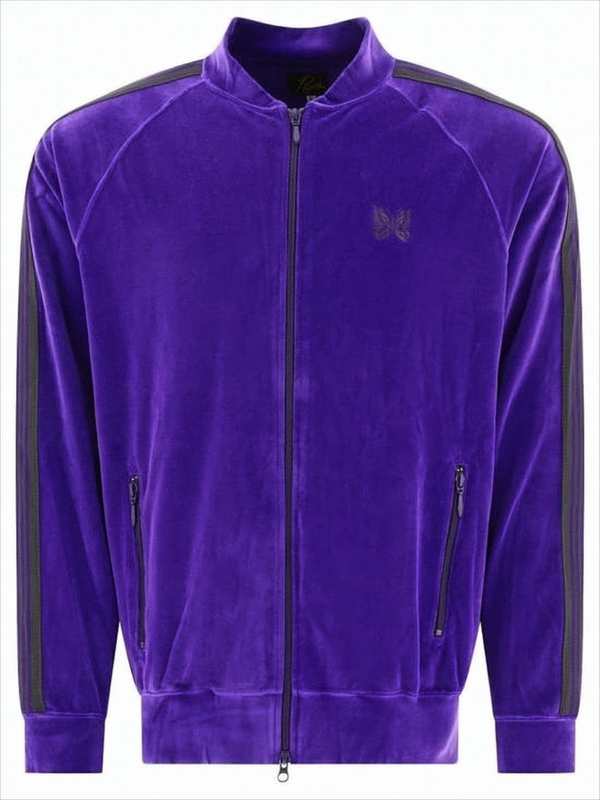 Purple Velour Bomber Jacket with Ribbed Details