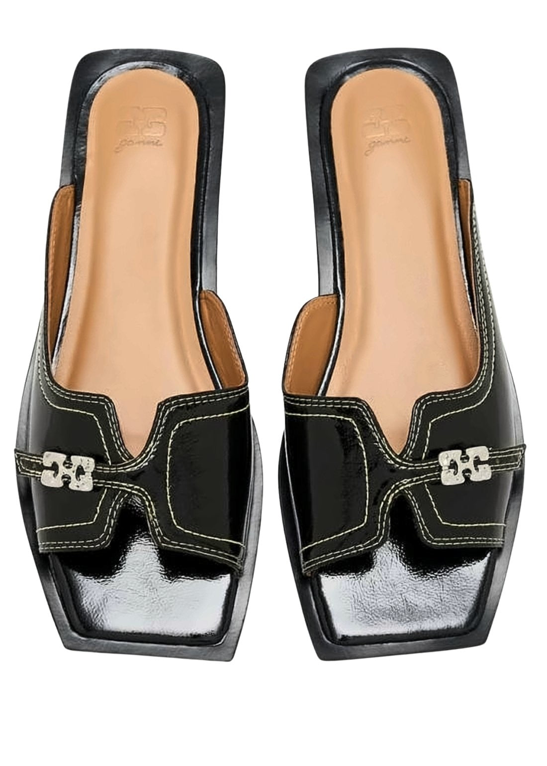 Glossy Square-Toe Sandals With Metallic Embellishment