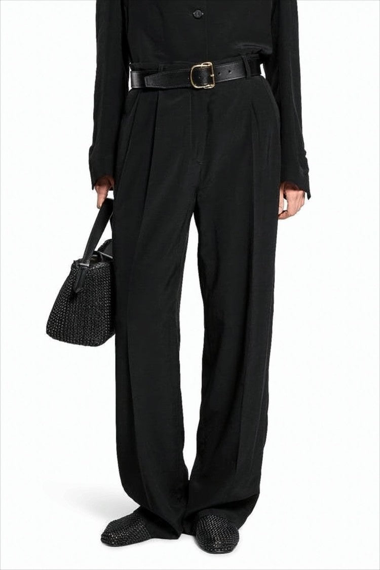 Straight-Fit Black Pants with Pleated Front
