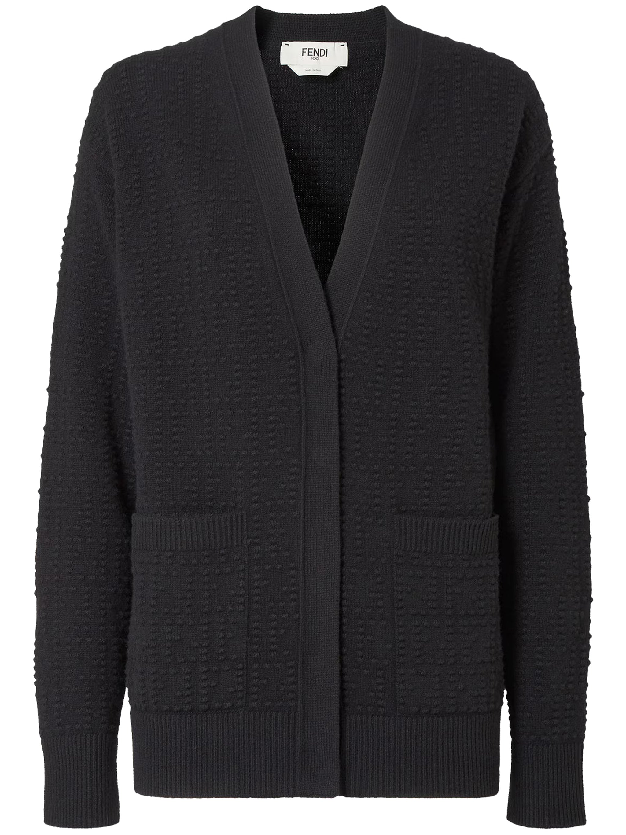 Textured Knit Cardigan with Deep V-Neckline and Ribbed Trims