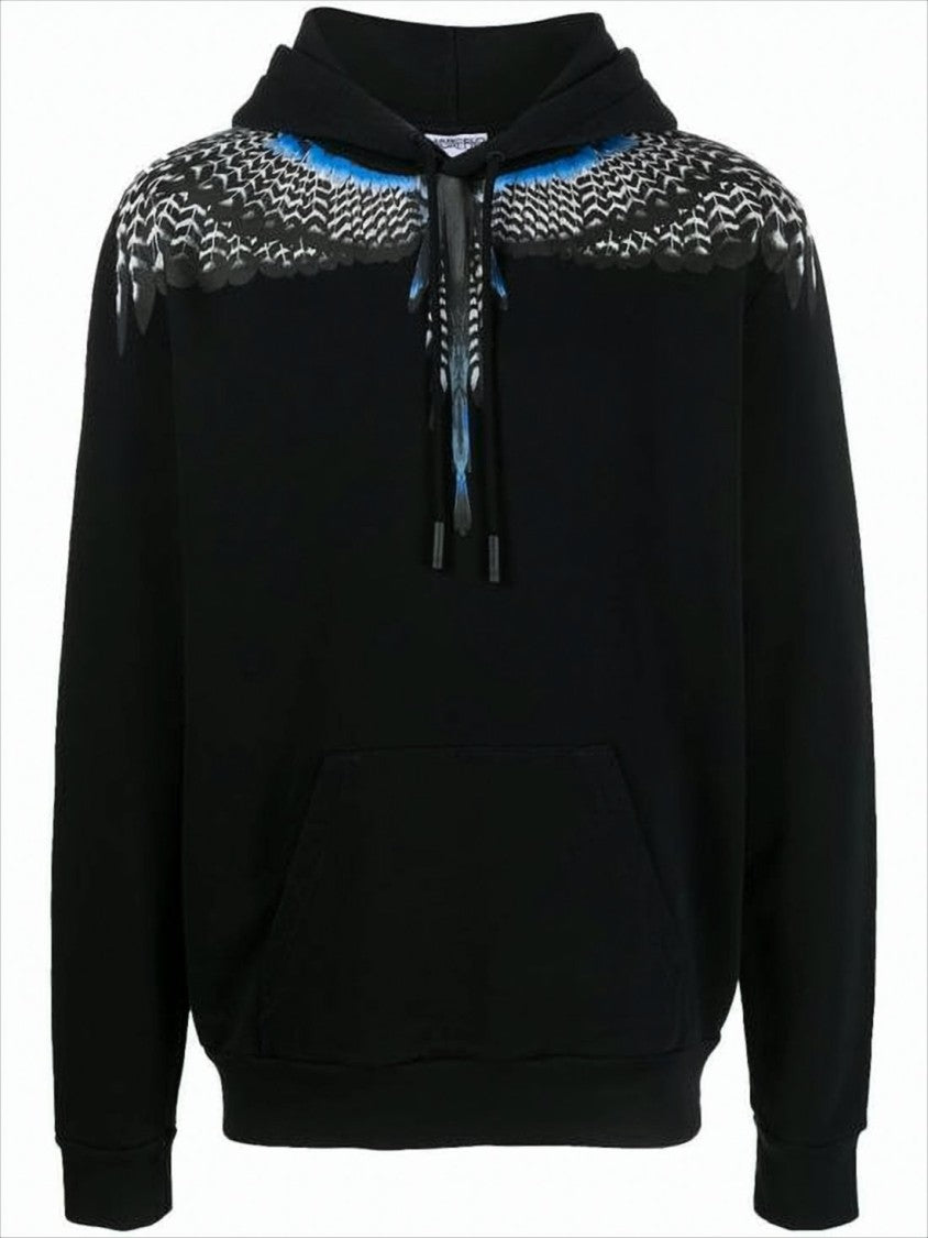 Feather-Graphic Black Cotton Hoodie