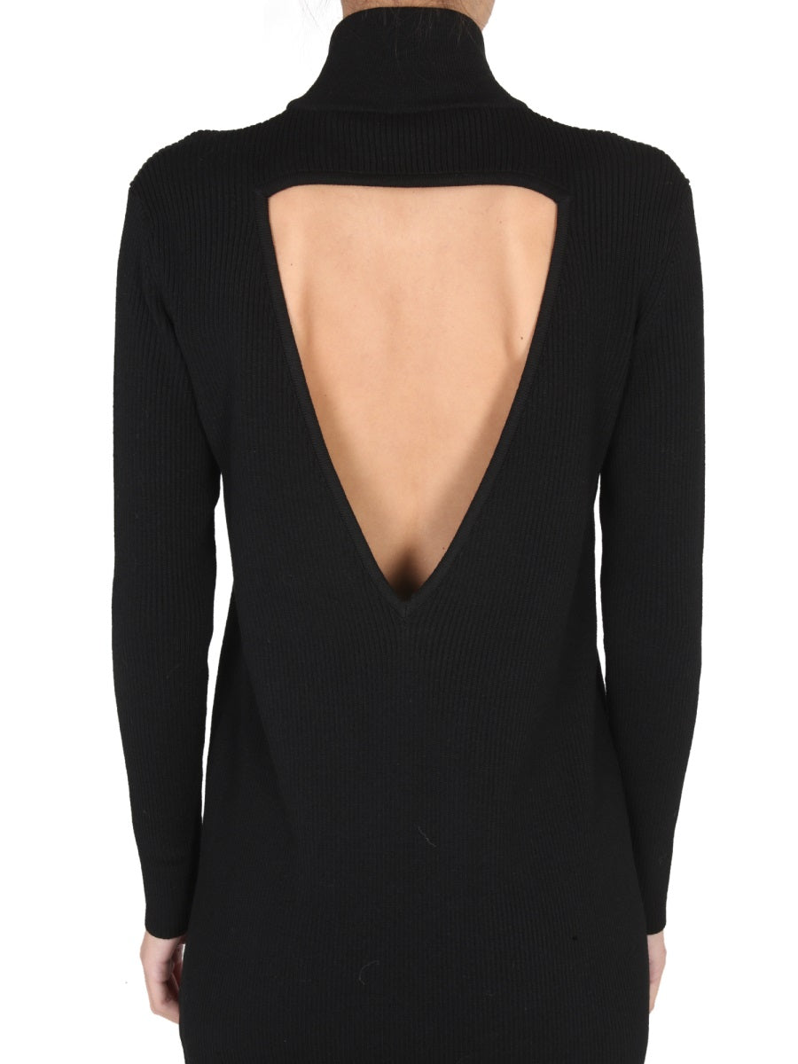 High Neck Ribbed Knit Dress with Textured Silhouette