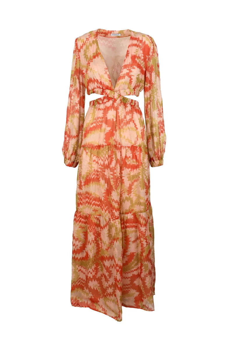 Long Chiffon Dress Puff Sleeves - Orange/Pink