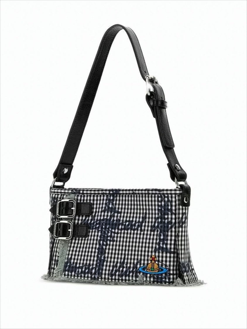 Gingham Pattern Shoulder Bag with Leather Accents