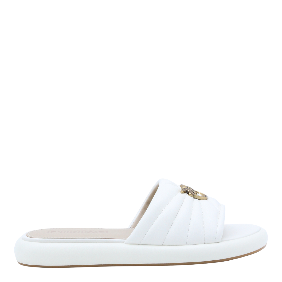 Quilted White Open-Toe Flats With Decorative Emblem