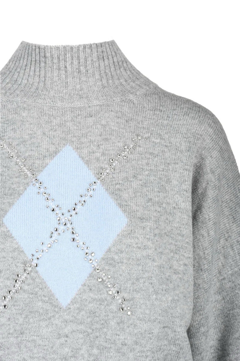 Nuccia Mock Neck Sweater with Rhinestones - Grey