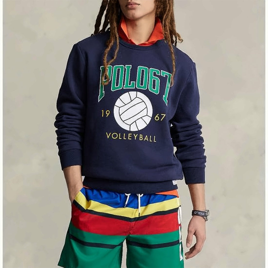 Navy Blue Graphic Print Crewneck Sweatshirt with Ribbed Details