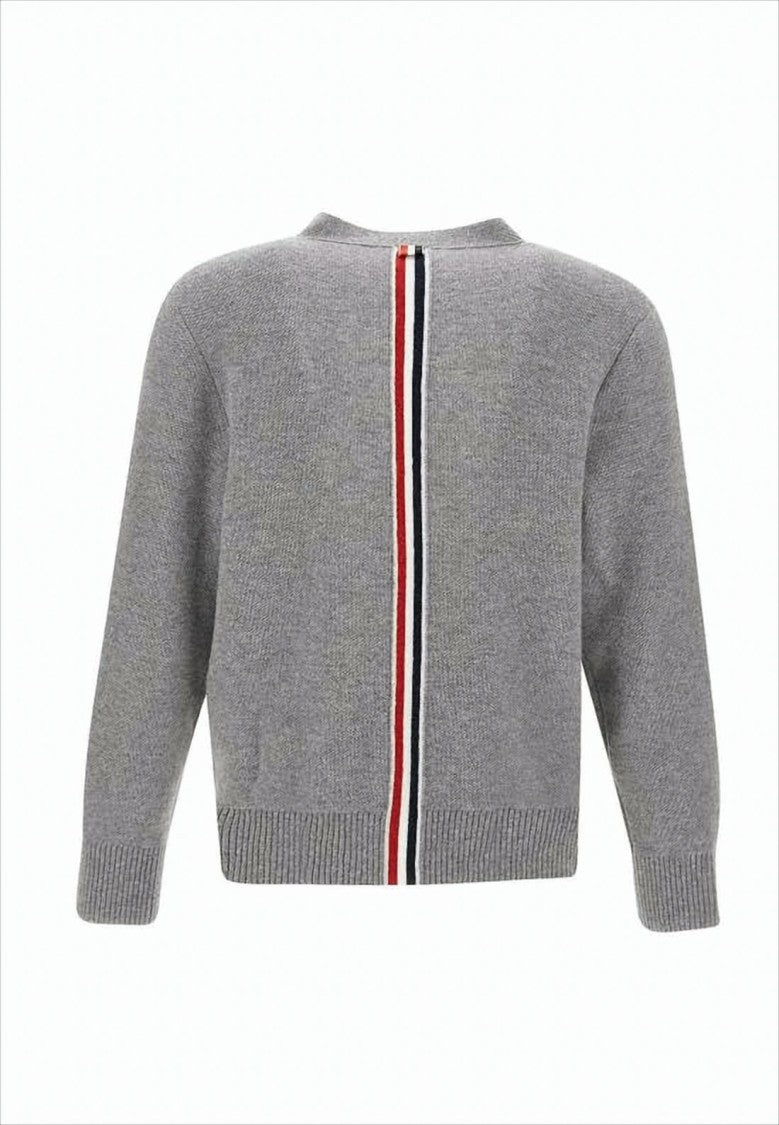 V-Neck Grey Wool Cardigan with Distinctive Stripe Detail